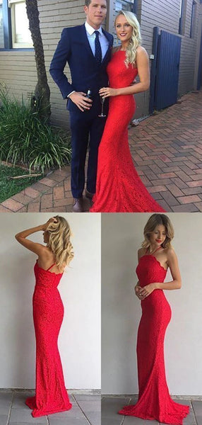 Red Color Lace Prom Dresses, Mermaid Prom Dresses, Newest 2020 Prom Dresses