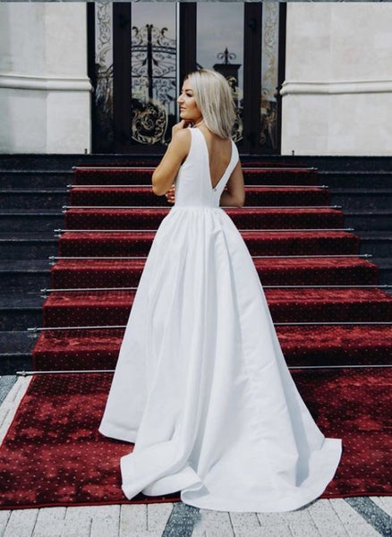White Color Simple Long Prom Dresses, V-neck Prom Dresses, Party Prom Dresses