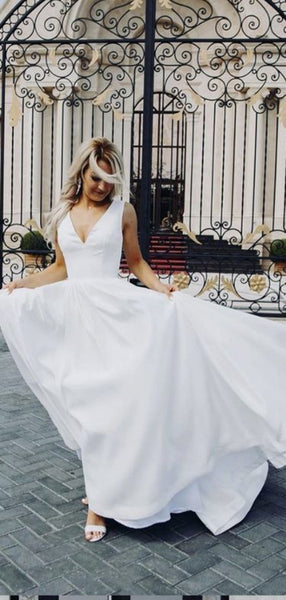 White Color Simple Long Prom Dresses, V-neck Prom Dresses, Party Prom Dresses