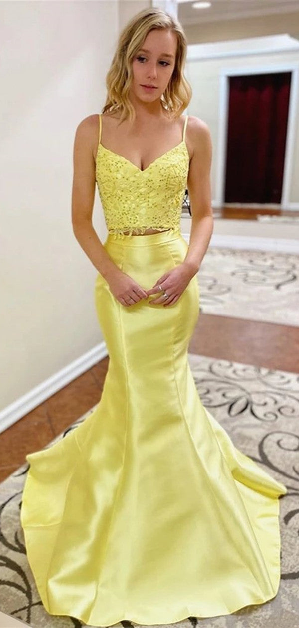 Yellow Color Two Pieces Long Prom Dresses, Fashion Mermaid 2020 New Pr   ClaireBridal