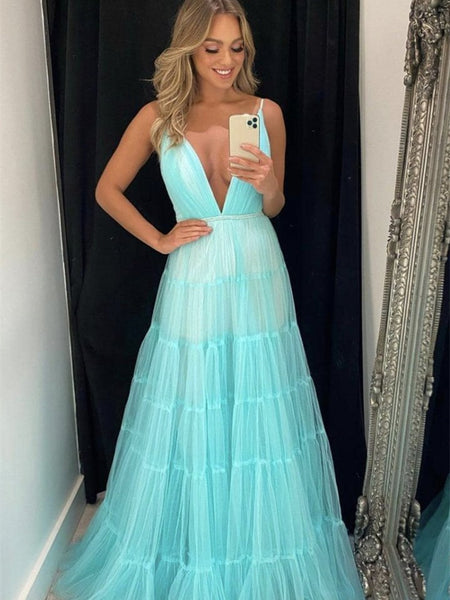 Tiffany Blue Tulle Prom Dresses, A-line Prom Dresses, Cheap Prom Dresses, 2021 Prom Dresses