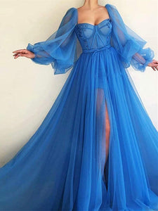 Sky Blue Tulle Long Prom Dresses, Sweetheart Bubble Sleeved Prom Dresses, Long Prom Dresses, 2021 Prom Dresses