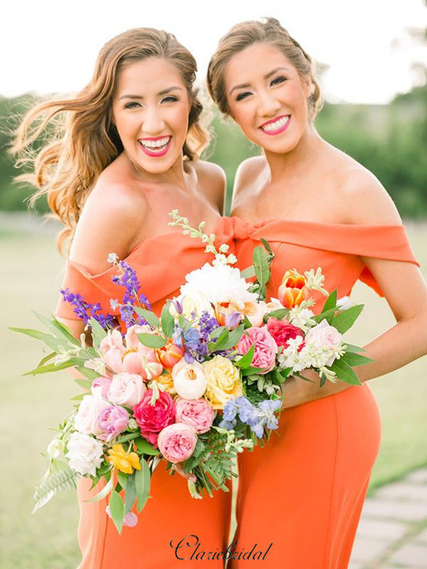 Orange Off The Shoulder Bridesmaid Dresses, Slit Bridesmaid Dresses ClaireBridal Orange Off The Shoulder Bridesmaid Dresses, Slit Bridesmaid Dresses ClaireBridal