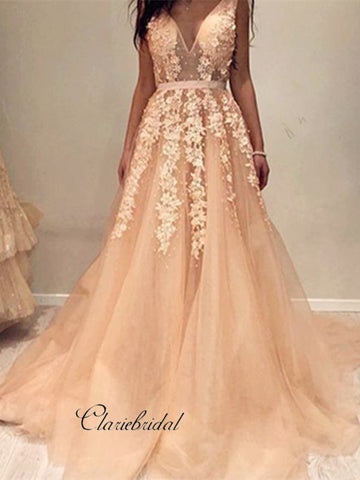 Sexy V-neck Lace Prom Dresses, A-line Lace Tulle Prom Dresses