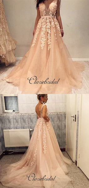 Sexy V-neck Lace Prom Dresses, A-line Lace Tulle Prom Dresses