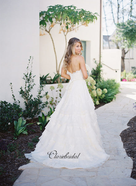 Strapless Fluffy A-line Wedding Dresses, Elegant Lace Bridal Wedding Dresses