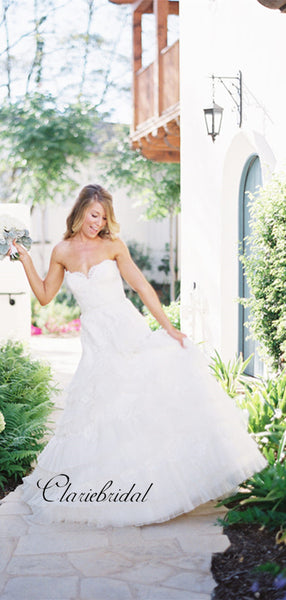 Strapless Fluffy A-line Wedding Dresses, Elegant Lace Bridal Wedding Dresses