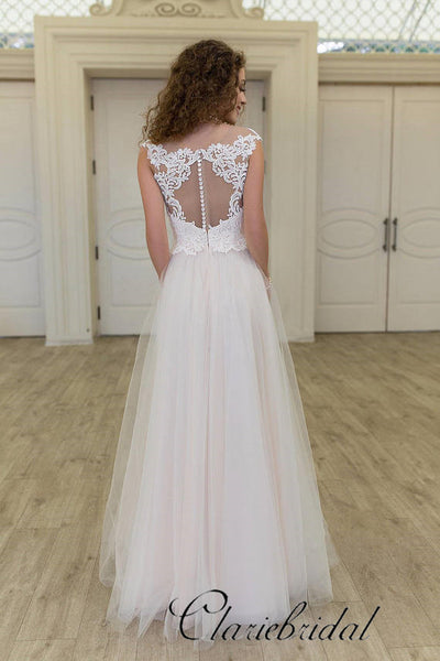 Elegant Lace Top A-line Ivory Tulle Long Wedding Dresses, Bridal Gown