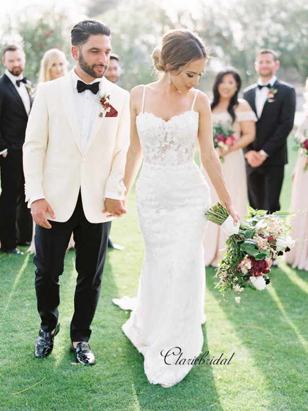 Spaghetti Straps Fancy Wedding Dresses, Elegant Lace Bridal Gowns