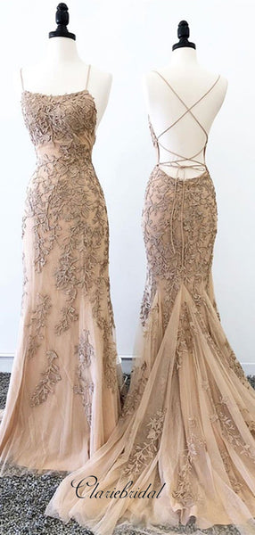 Spaghetti Straps Open Back Prom Dresses, Elegant Lace Prom Dresses, Evening Party Dresses