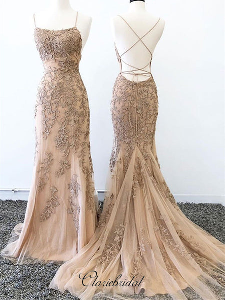 Spaghetti Straps Open Back Prom Dresses, Elegant Lace Prom Dresses, Evening Party Dresses