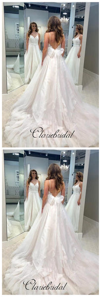 Elegant Spaghetti Straps Wedding Dresses, A-line Rosette Lace Bridal Gowns