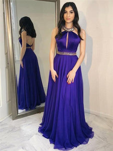 Halter Backless Chiffon Rhinestone Prom Dresses, Long Prom Dresses, Prom Dresses