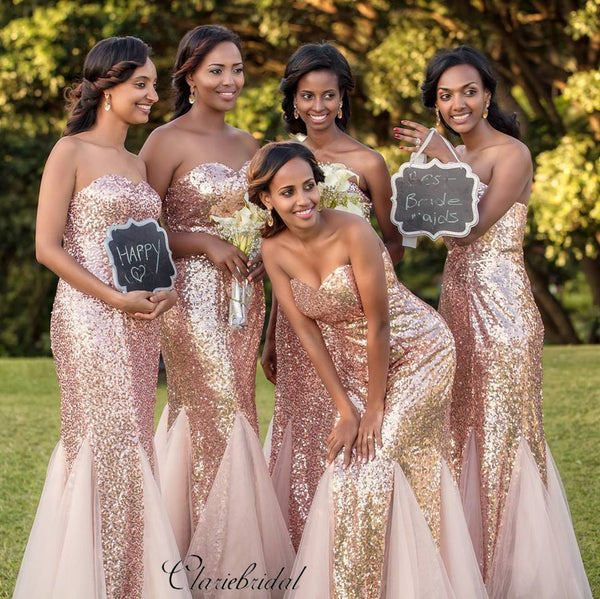 Strapless Sequins Bridesmaid Dresses, Mermaid Sequins Bridesmaid Dresses