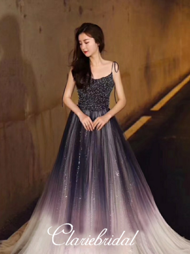 Spaghetti Long A-line Gradient Sequin Tulle Beaded Prom Dresses, Long Prom Dresses, Newest Claire Design Prom Dresses