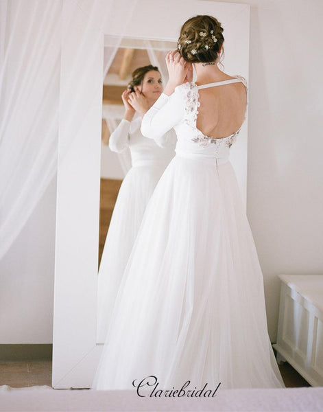 Long Sleeves Beaded Wedding Dresses, Tulle A-line Wedding Dresses
