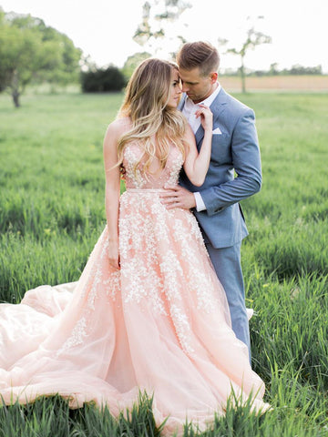 Pink Color V Neck 2021 Popular Wedding Dresses, A Line Lace Bridal Gowns, Wedding Dresses