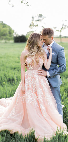 Pink Color V Neck 2021 Popular Wedding Dresses, A Line Lace Bridal Gowns, Wedding Dresses