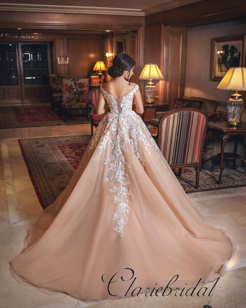 Off Shoulder Lace Tulle A-line Wedding Dresses, Elegant Wedding Dresses