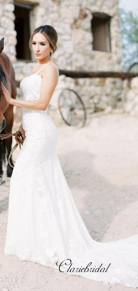 Spaghetti Straps Fancy Wedding Dresses, Elegant Lace Bridal Gowns