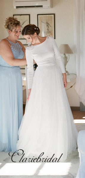 Long Sleeves Beaded Wedding Dresses, Tulle A-line Wedding Dresses