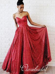 Sweetheart Long A-line Red Sequin Prom Dresses, A-line Prom Dresses, Sparkle Prom Dresses