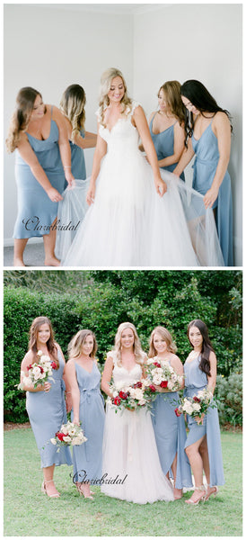 Straps Blue Slit Bridesmaid Dresses, Good Price Bridesmaid Dresses