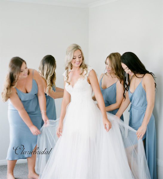 Straps Blue Slit Bridesmaid Dresses, Good Price Bridesmaid Dresses