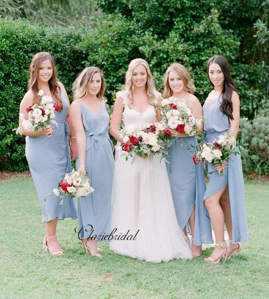 Straps Blue Slit Bridesmaid Dresses, Good Price Bridesmaid Dresses