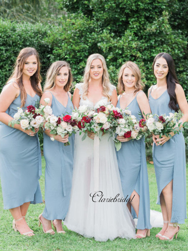 Straps Blue Slit Bridesmaid Dresses, Good Price Bridesmaid Dresses