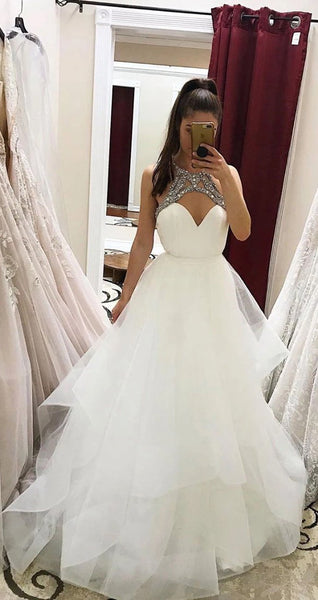 Ivory Rhinestone Beaded Prom Dresses, Chic Tulle Prom Dresses, Long prom Deesses