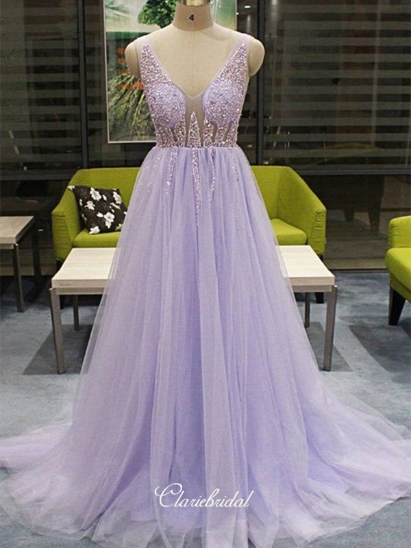 Elegant A-line Beaded Long Prom Dresses, Newest 2020 Prom Dresses, Prom Dresses