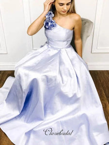 One Shoulder A-line Long Prom Dresses, Appliques Popular Prom Dresses