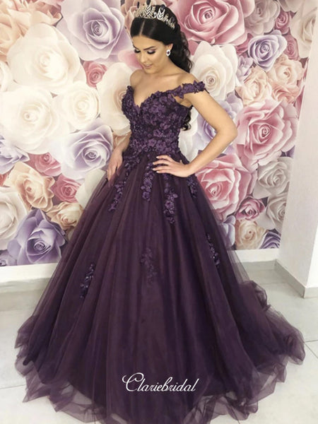 Off Shoulder Appliques Long Prom Dresses, A-line Prom Dresses, Tulle Prom Dresses