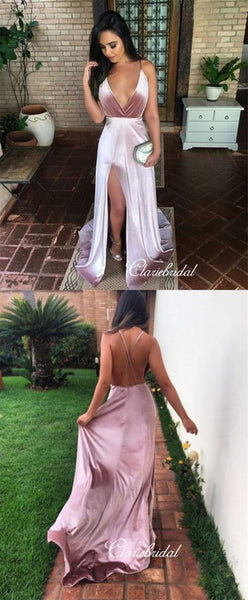 Simple Long Prom Dresses, Deep V-neck Prom Dresses, Cheap Prom Dresses