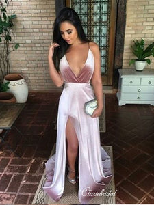 Simple Long Prom Dresses, Deep V-neck Prom Dresses, Cheap Prom Dresses