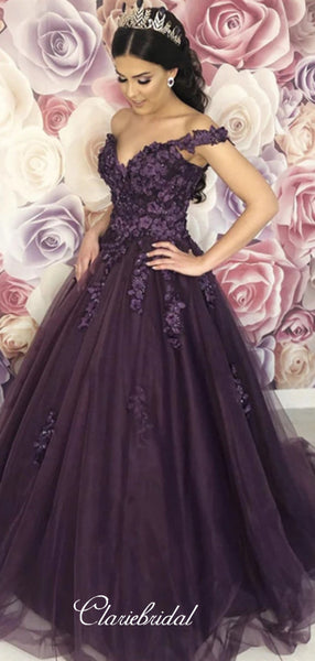 Off Shoulder Appliques Long Prom Dresses, A-line Prom Dresses, Tulle Prom Dresses