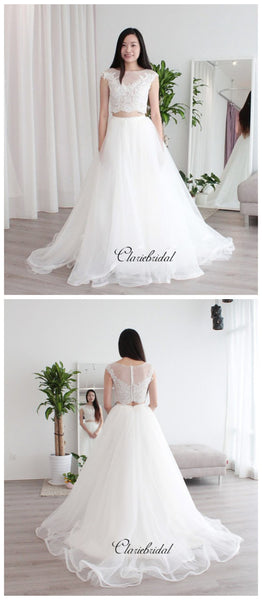 Cap Sleeves Two Pieces Lace Wedding Dresses, A-line Tulle Wedding Dresses