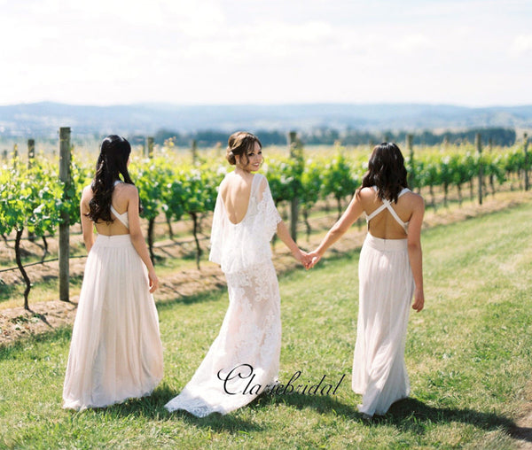 Newest Popular Pink Chiffon Open Back Bridesmaid Dresses