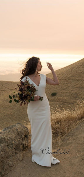 Popular Simple V-neck Design Wedding Dresses, Cheap Beach Wedding Dresses