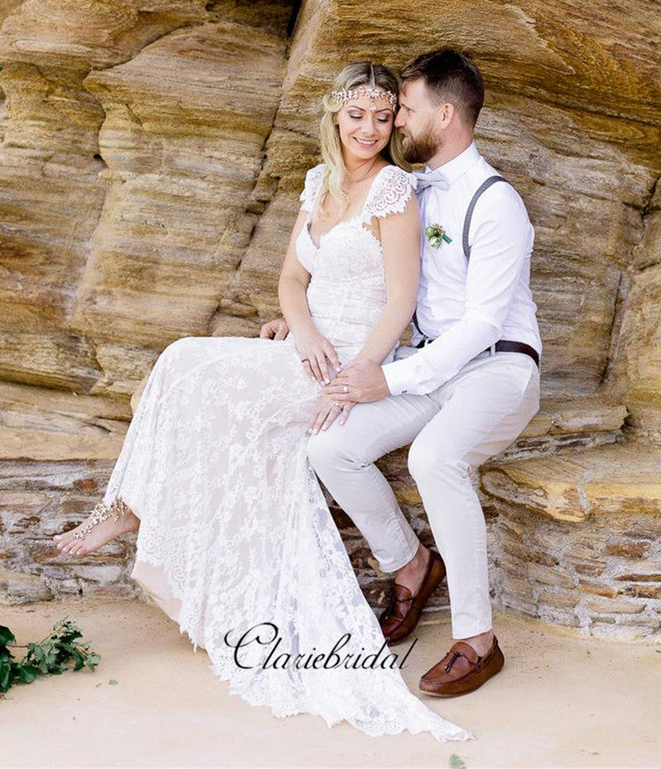 trendy beach wedding dresses Appliqued Lace Beach Wedding Gowns with See-through Neckline   loveangeldress