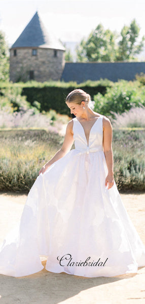 Simple Design Wedding Dresses, Satin Wedding Dresses, V-neck Bridal Gowns