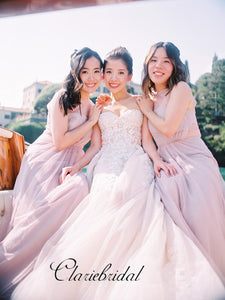 Strapless Tulle A-line Wedding Dresses, Lace Elegant Wedding Dresses