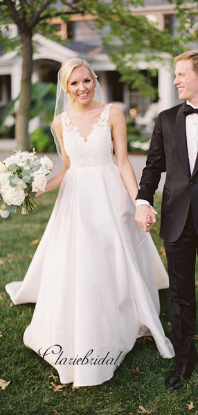 Elegant Satin A-line Wedding Dresses, Popular Lace Wedding Dresses