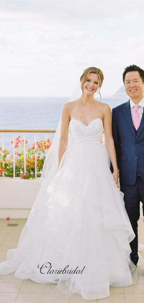 Sweetheart Strapless Beach Wedding Dresses, Tulle A-line Elegant Wedding Dresses