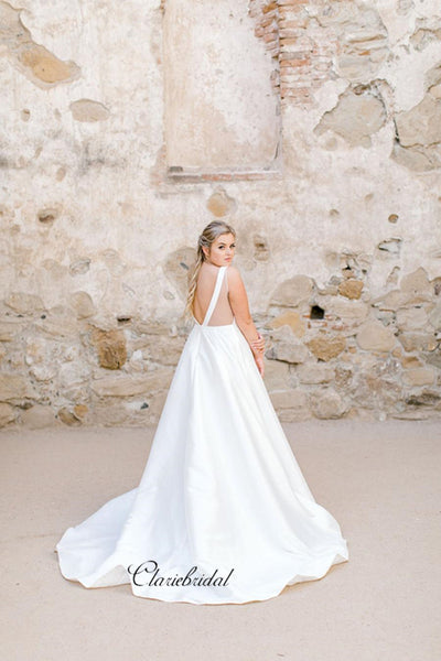 V-neck A-line Wedding Dresses, Cheap Newest Satin Bridal Gowns