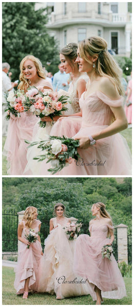 Pink Off The Shoulder Chiffon A-line Bridesmaid Dresses, Wedding Guest Dresses