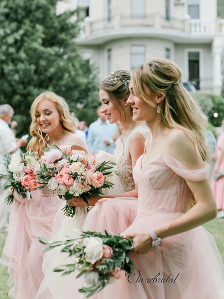 Pink Off The Shoulder Chiffon A-line Bridesmaid Dresses, Wedding Guest Dresses