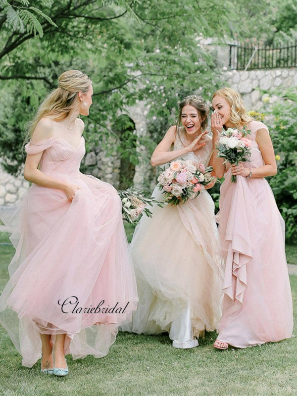 Pink Off The Shoulder Chiffon A-line Bridesmaid Dresses, Wedding Guest ClaireBridal Pink Off The Shoulder Chiffon A-line Bridesmaid Dresses, Wedding Guest ClaireBridal
