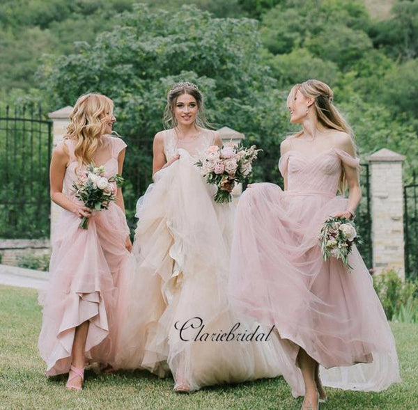 Pink Off The Shoulder Chiffon A-line Bridesmaid Dresses, Wedding Guest Dresses